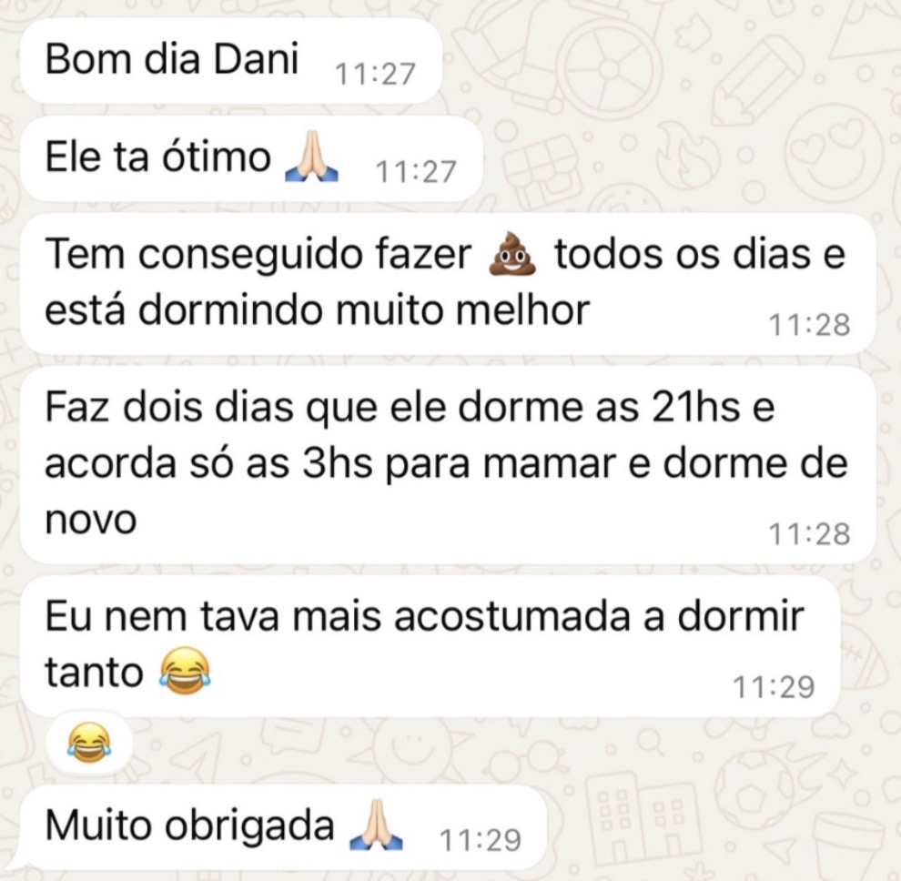 Print de WhatsApp: mãe conta que o bebê evacua todos os dias e está dormindo muito melhor