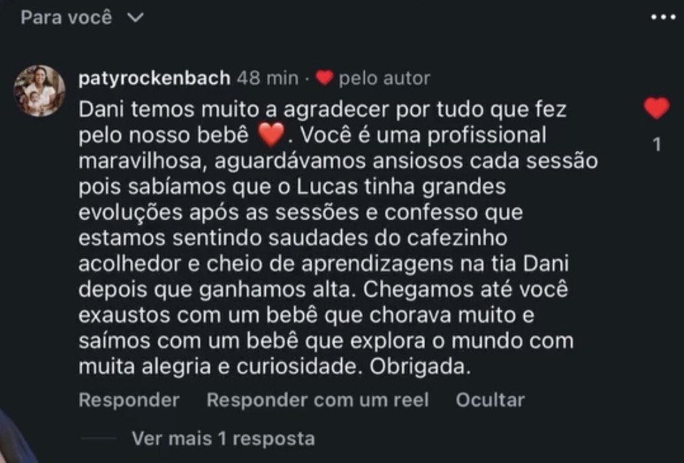 Comentário no Instagram: família agradece a evolução do bebê após as sessões com a Dani